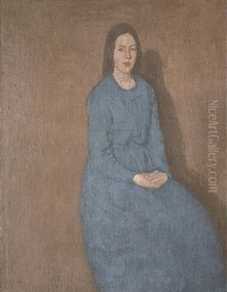 A Young Woman In Blue Oil Painting by Gwen John