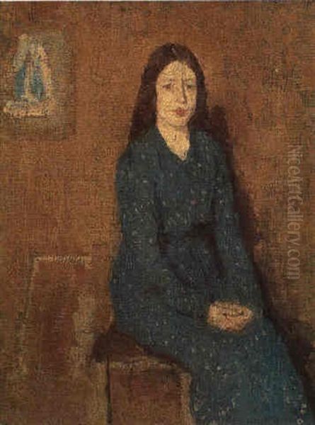 A Sitting Girl Wearing A Spotted Blue Dress Oil Painting by Gwen John