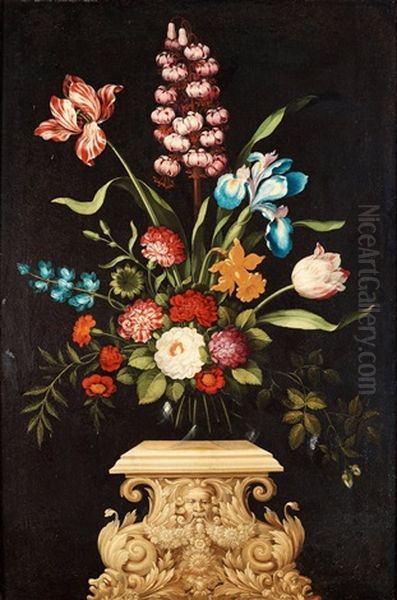 Blomsterstycke Pa Piedestal Oil Painting by Johan Johnsen