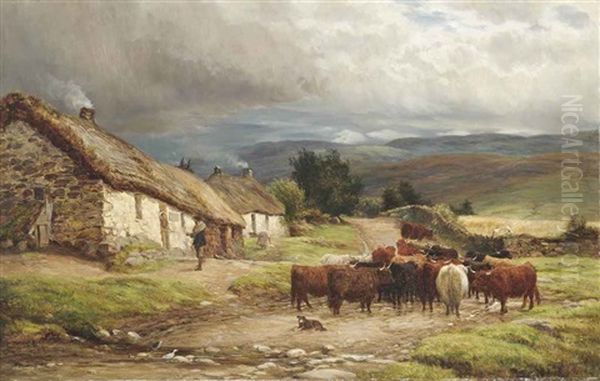 A Highland Clachan Oil Painting by Charles Edward Johnson