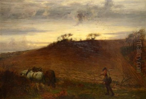 Landscape Scene With Shire Horses And Farm Worker Oil Painting by Charles Edward Johnson