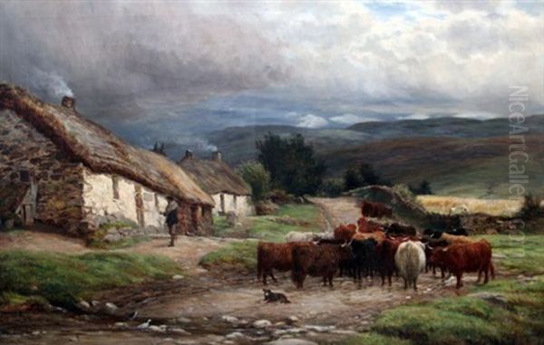 A Highland Clachan Oil Painting by Charles Edward Johnson