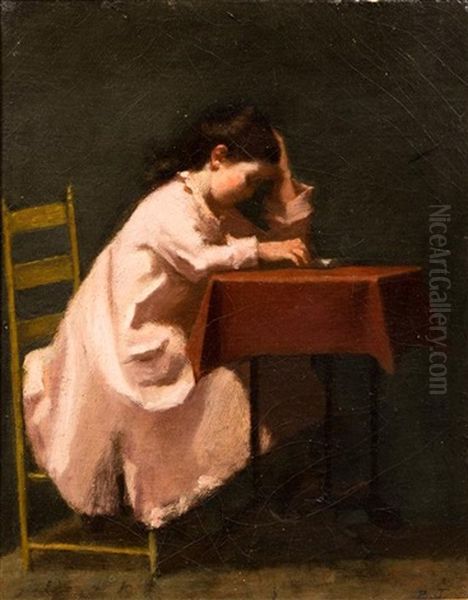 Young Girl Reading At The Table Oil Painting by Eastman Johnson