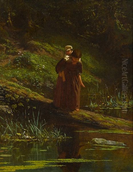 Crossing A Stream (pig-a-back) Oil Painting by Eastman Johnson