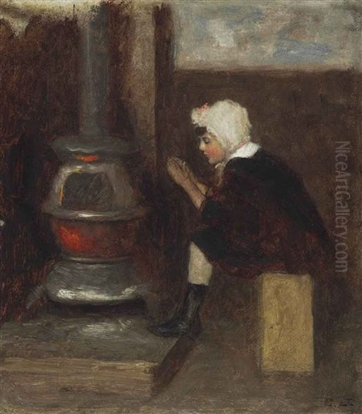 Study For Ice Skater/child Warming Hands In Studio Oil Painting by Eastman Johnson