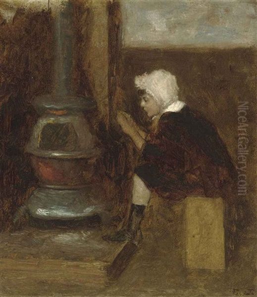 Ice Skater/child Warming Hands In Studio (study) Oil Painting by Eastman Johnson