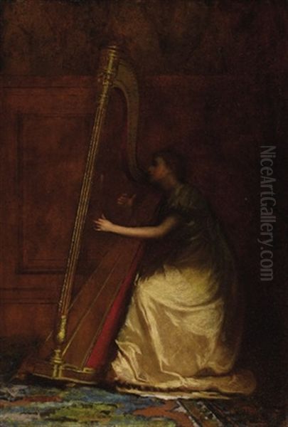 Lady Playing Harp Oil Painting by Eastman Johnson