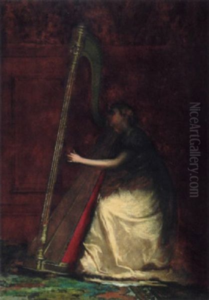 Lady Playing A Harp by Eastman Johnson