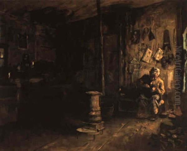 Shoemaker Hagertty's Shop Oil Painting by Eastman Johnson