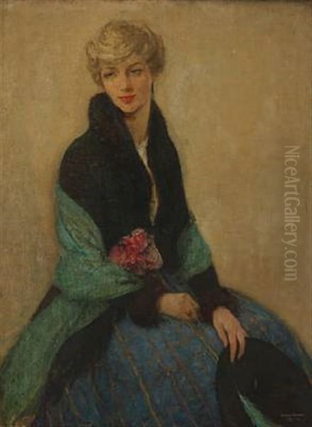 A Young Woman Holding A Rose Oil Painting by Ernest Borough Johnson