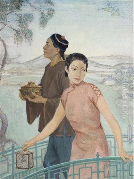 Portrait Of Two Oriental Figures, Three-quarter-length, In A Capriccio Landscape Oil Painting by Ernest Borough Johnson