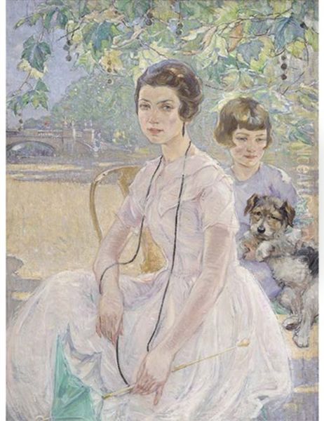 Portrait Of A Mother And Child, Seated Three-quarter-length, In Summer Dresses, With A Parasol And A Puppy Oil Painting by Ernest Borough Johnson