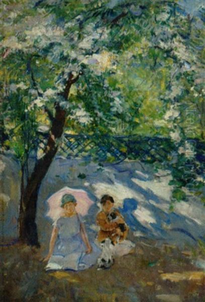 Born Med Hundehvalpe Og Parasol Under Blomstrende Traeer Oil Painting by Ernest Borough Johnson