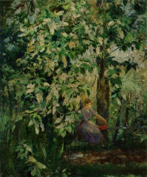 En Ung Kvinde Pa En Baenk Under Et Blomstrende Trae I En Park Oil Painting by Ernest Borough Johnson