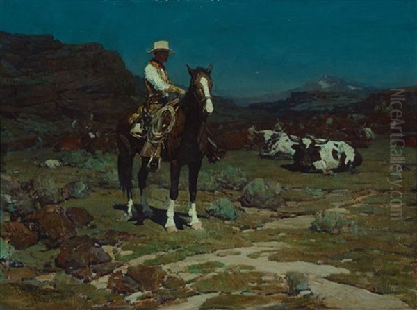 When Trail-weary Cattle Are Sleeping Oil Painting by Frank Tenney Johnson