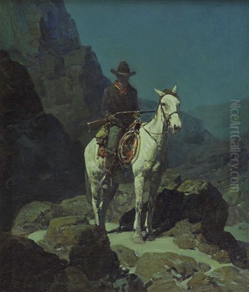 Cowboy On Horse At Night Oil Painting by Frank Tenney Johnson