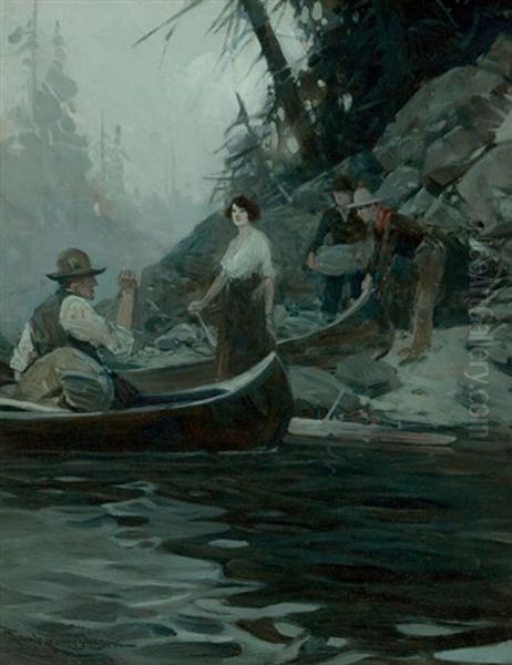 Journey By Canoe Oil Painting by Frank Tenney Johnson