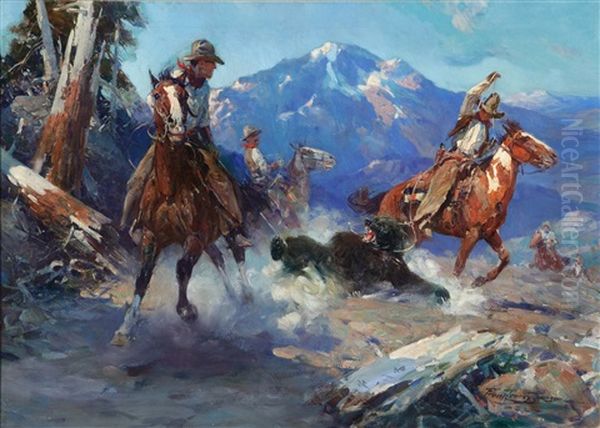 Cowboys Roping The Bear Oil Painting by Frank Tenney Johnson