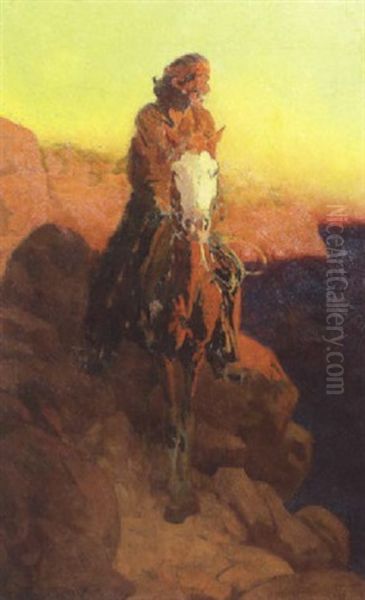 Native American On Horseback On A Cliff At Sunset Oil Painting by Frank Tenney Johnson