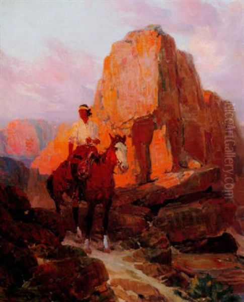 Indian On Horseback In Southwestern Landscape Oil Painting by Frank Tenney Johnson