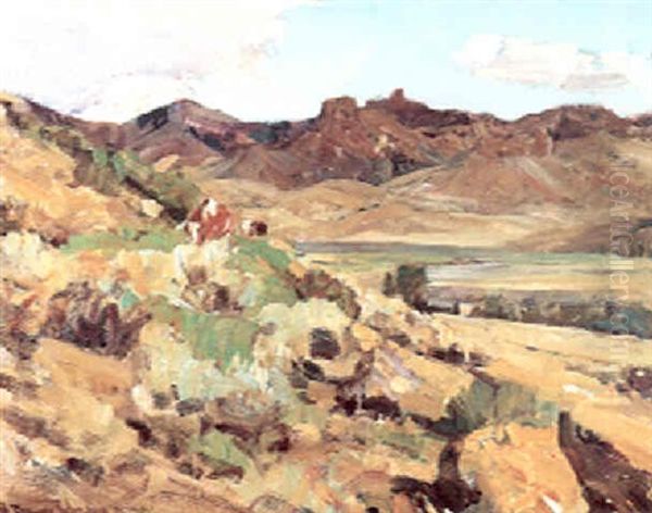 A Cow And A Calf (in The Shoshone Valley) Oil Painting by Frank Tenney Johnson