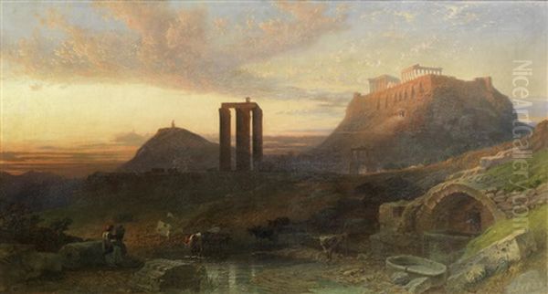 The Acropolis Of Athens, With Mount Hymettus And The Olive Groves Of The Academy, As Seen From The Slopes Of The Pass Of Daphne, On The Eleusinian Road - Early Morning Oil Painting by Harry John Johnson