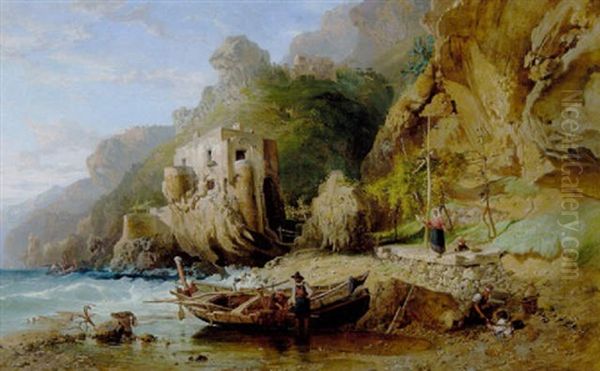 Fiskere Ved Deres Bad Ved Kysten Pa Amalfi Oil Painting by Harry John Johnson