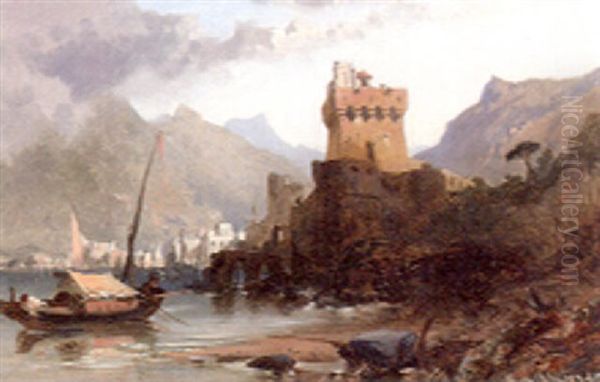 A Fortified Village On The Bank Of A Lake Oil Painting by Harry John Johnson