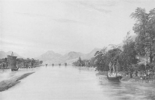 British Troops Visting A Chinese Village On A River Oil Painting by John Willes (Captain) Johnson