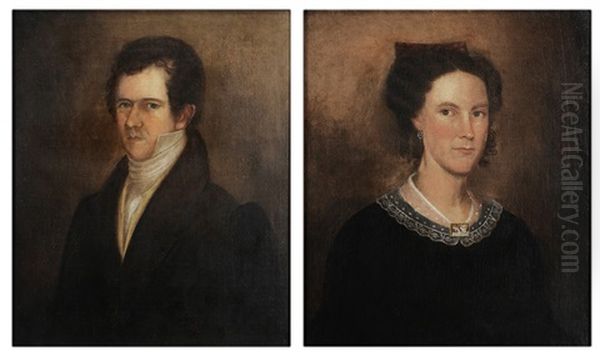 A Gentleman, In Yellow Vest And Brown Coat And A Lady, In Lace-collared Dress Fastened With A Brooch, Hair Secured With Tortoise Comb (2 Works) Oil Painting by Joshua Johnson