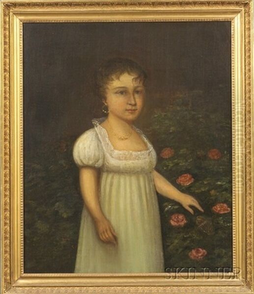 Portrait Of A Young Woman In White Oil Painting by Joshua Johnson