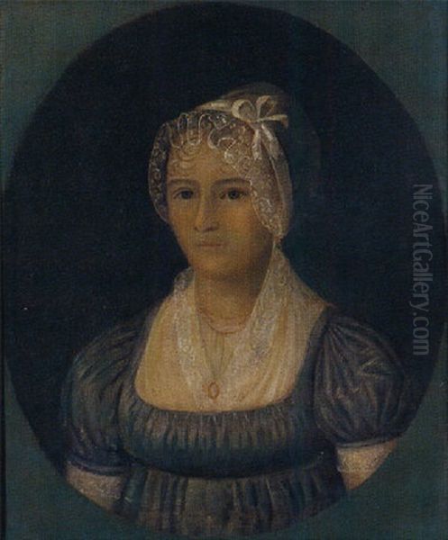 Portrait Of A Young Lady Wearing A White Lace Cap, Gray Gown And White Lace Fichu Oil Painting by Joshua Johnson