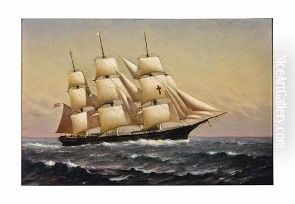 A Three-masted Schooner Oil Painting by Marshall Johnson