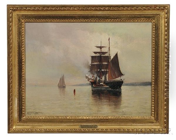 Ship At Anchor In Calm Coastal Waters Oil Painting by Marshall Johnson