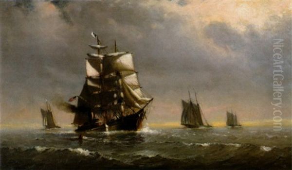 American Clipper Ship Under Sail With Tugboat Oil Painting by Marshall Johnson