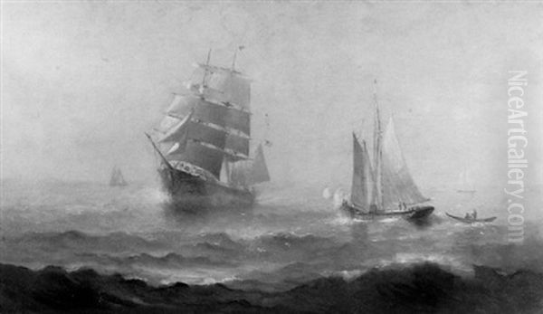 Out Of The Fog - Animated Marine Scene With Sailing Vessels Oil Painting by Marshall Johnson