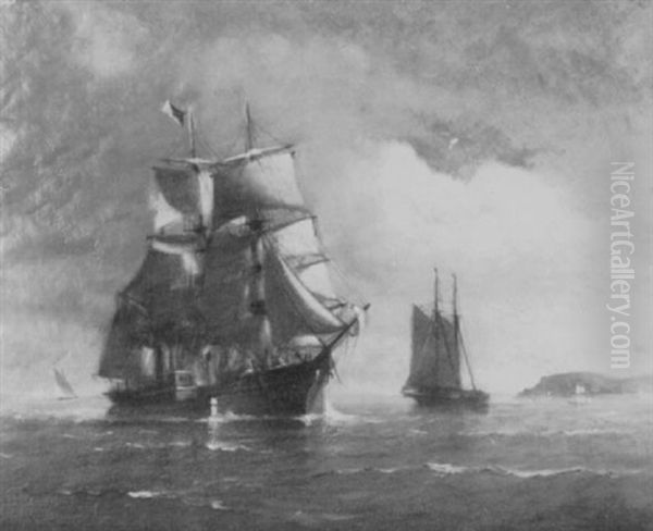 American Bark Under Tow Into A Harbor Oil Painting by Marshall Johnson