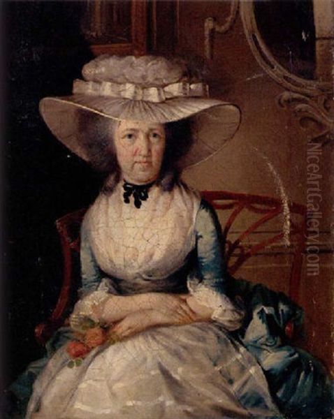 Portrait Of Miss Henrietta Nelson In A Blue And White Gown And White Hat, Holding A Rose, In A Rococo Interior Oil Painting by William Johnson