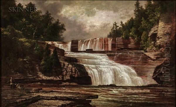 Figures By Trenton Falls Oil Painting by David Johnson