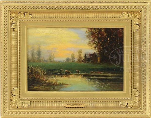 Sunrise Landscape With Cows At Watering Hole Oil Painting by David Johnson