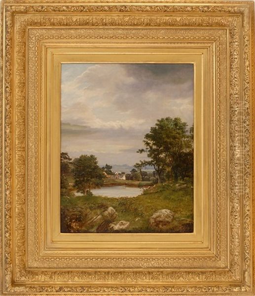 A Seaside Village With Pond And The Ocean In The Distance Oil Painting by David Johnson