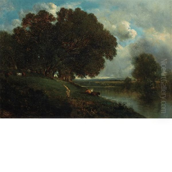 Cattle Resting Along A Riverbank by David Johnson