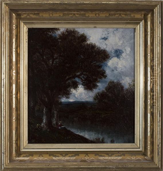 Figure Sitting Under A Tree By A Stream Oil Painting by David Johnson