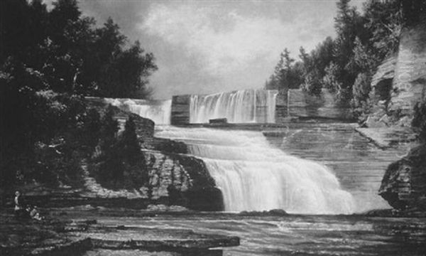 Figures By Trenton Falls Oil Painting by David Johnson