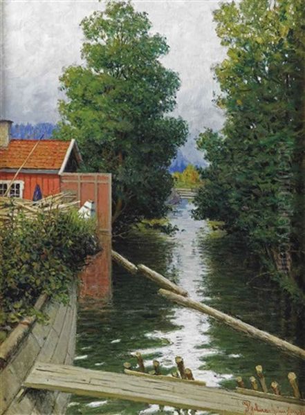 A Scandinavian Waterway Oil Painting by Hjalmar Johnssen