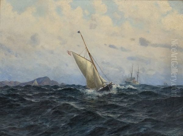 Sailing Boat And Steamer Oil Painting by Hjalmar Johnssen