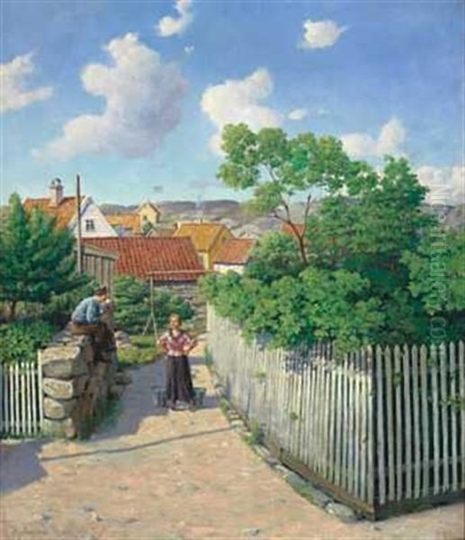 Midtsommer, Motiv Fra Skudenaes Oil Painting by Hjalmar Johnssen