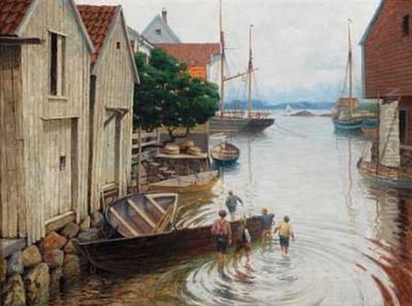 Gutter I Bathavn Oil Painting by Hjalmar Johnssen