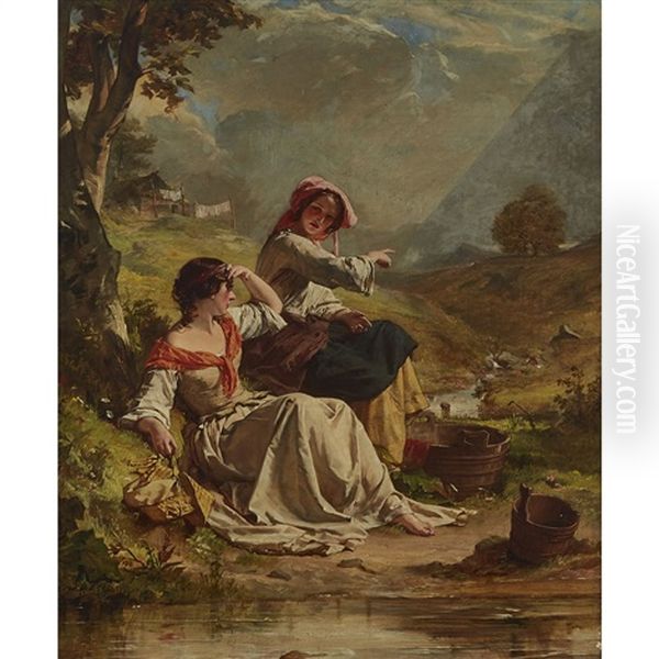 Peggy And Jennie, Gentle Shepherd Oil Painting by Alexander Johnston