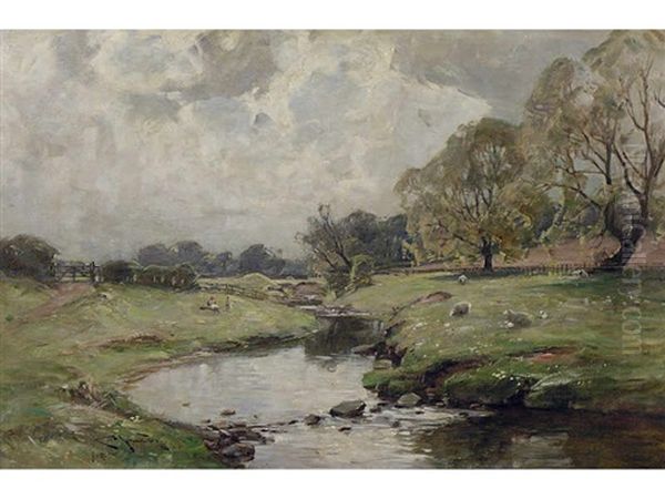 Sheep Grazing By A Stream With Children Nearby Oil Painting by Charles Johnston